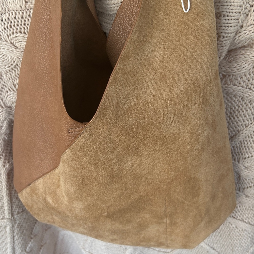 Brown Suede Pebbled Leather Tote Bag Shoulder Bag Animal Friendly NWOT - Picture 2 of 16